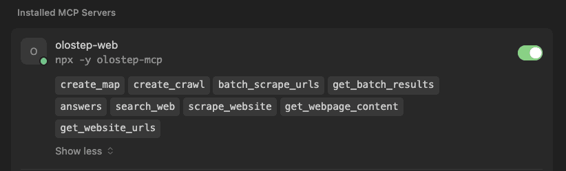 Cursor agent tool list showing Olostep actions