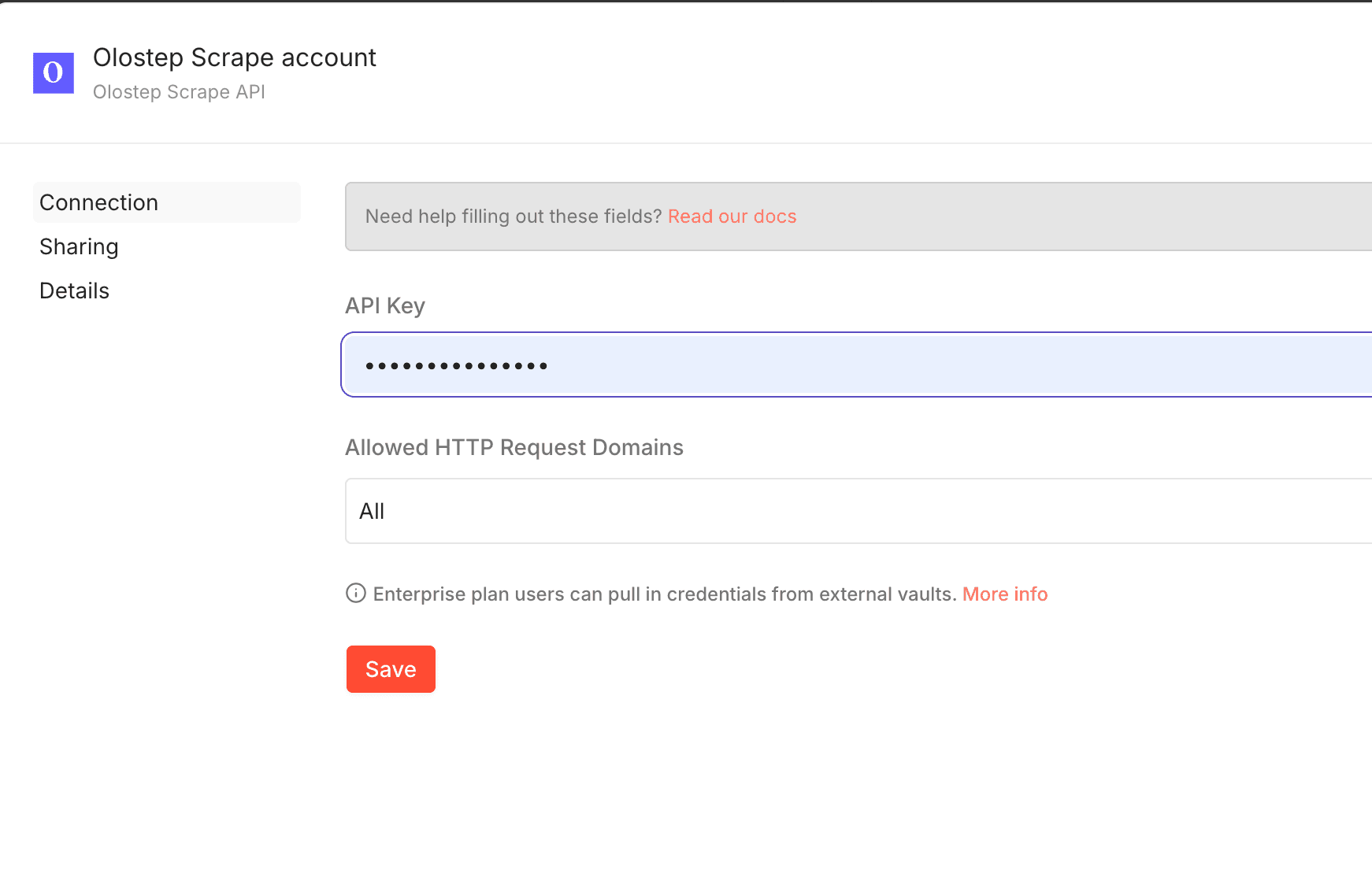 Olostep API key credential in n8n